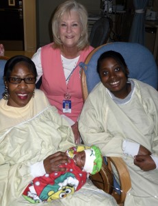 Mary Dudley visiting fellow preemie mamas in the NICU