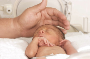 Newborn baby inside incubator, bonding, NICU, preemie