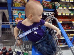 James playing it safe in the shopping cart.