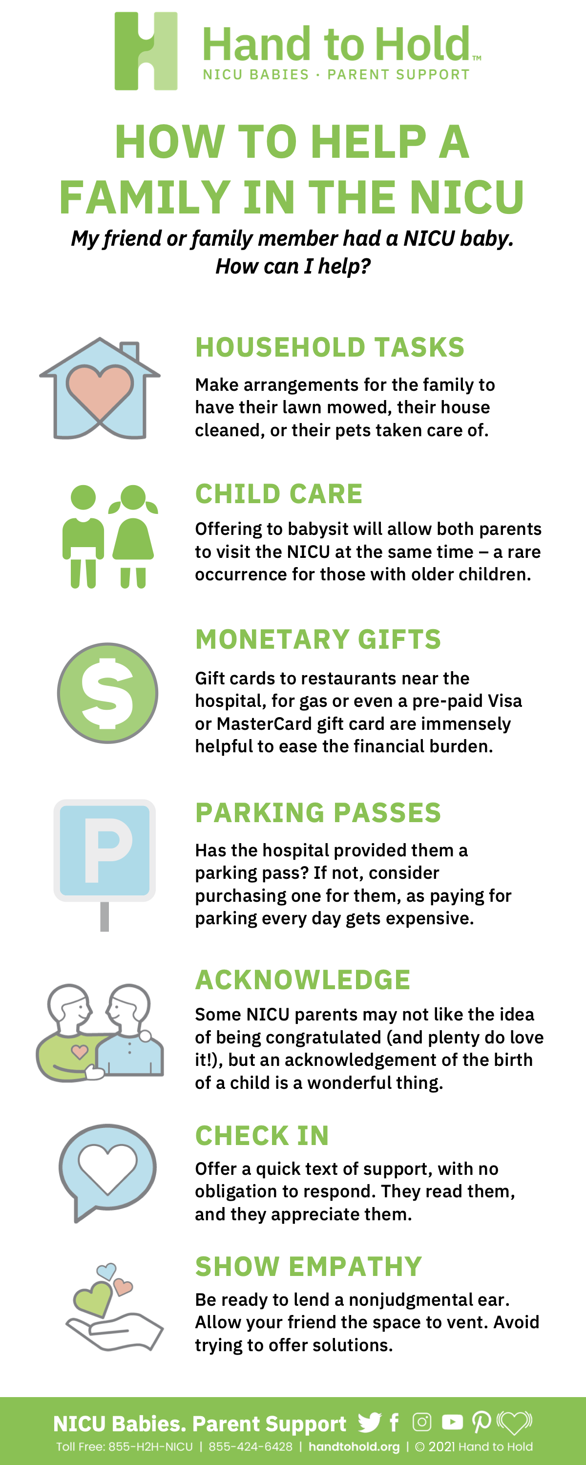 how to help a NICU family infographic, hand to hold