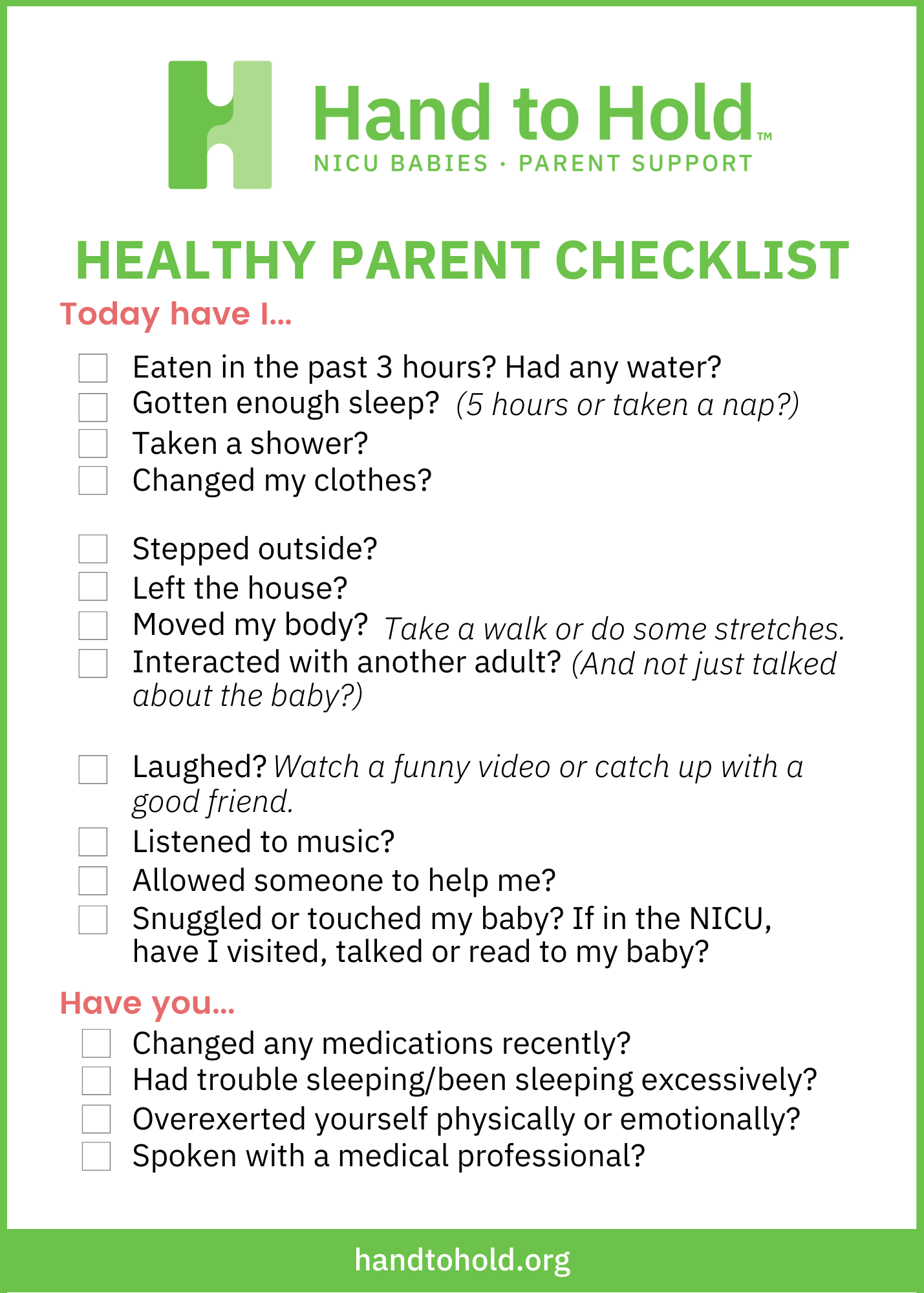 healthy parent checklist hand to hold